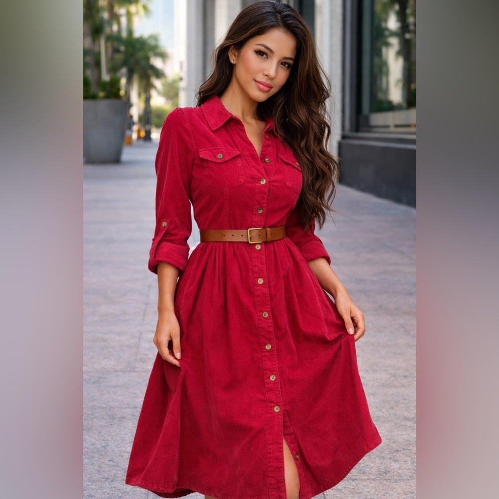 Women's Red Button-Front Shirt Dress with Belt - Picture 1 of 4